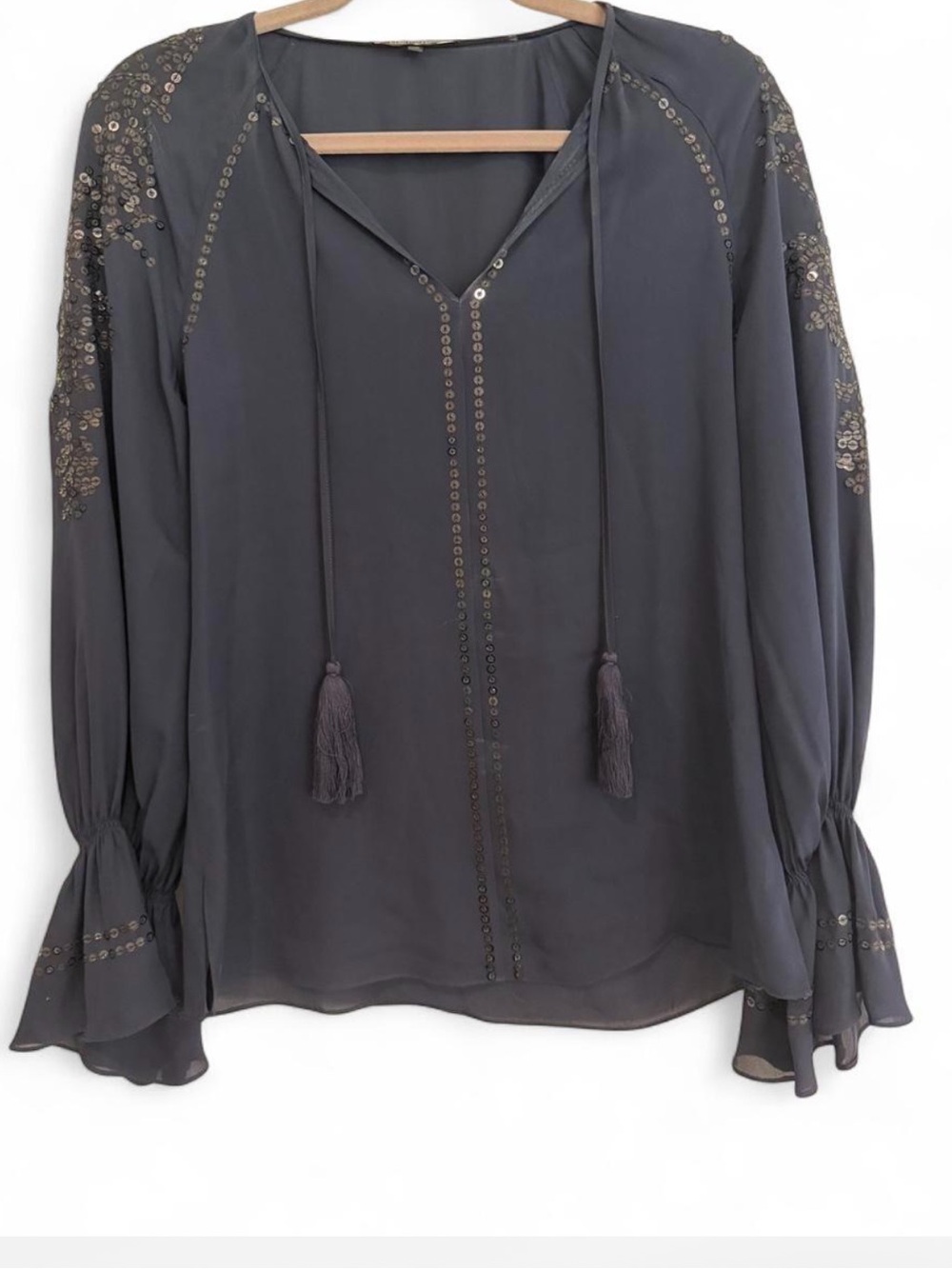 KOBI HALPERIN NAVY SEQUIN EMBELLISHED LONG SLEEVE 100% SILK BLOUSE SIZE XS